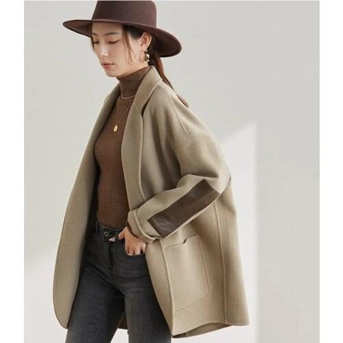 High Quality Splicing Woolen Coat Femme 2021 Spring Autumn Hepburn Style Loose Buttons Double Sided Woolen Coat For Women 529