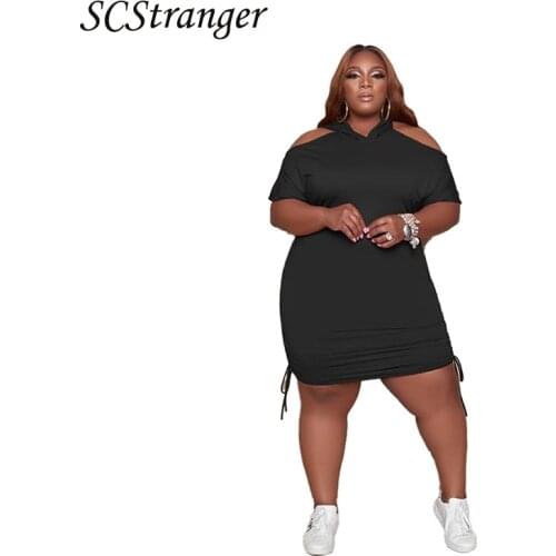 SCSTRONGER Summer Plus Size Pure Dress Color Women Drawstring Sexy Duxian Casual Strapless Fashion Short Sleeve Vestidos Fiesta