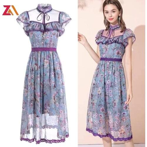 ZALady fashion vintage floral printed midi dress women clothes lace up embroidery elegant bow collar party evening dresses femme