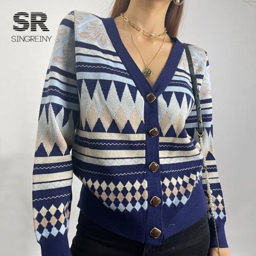 SINGREINY Winter Geometric Knitted cardigans Women Long Sleeves Argyle Knit tops Fashion Vintage High Street Knitted Sweater
