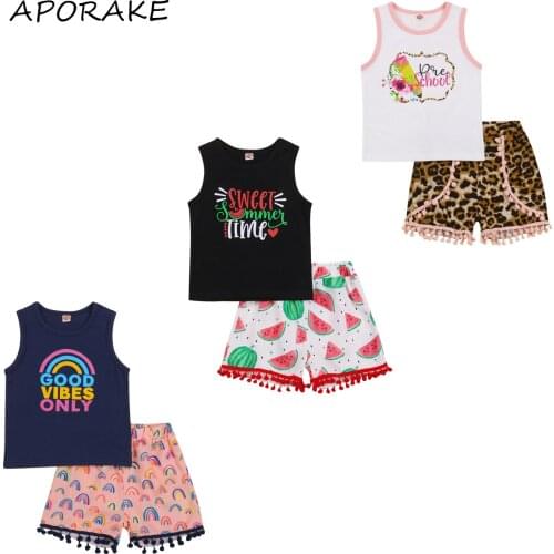 2021 0-4Y Summer Kids Baby Girl Clothes Flower Letter Print Top Vest+Leopard/Watermelon/Rainbow Print Tassels Shorts Holiday Set