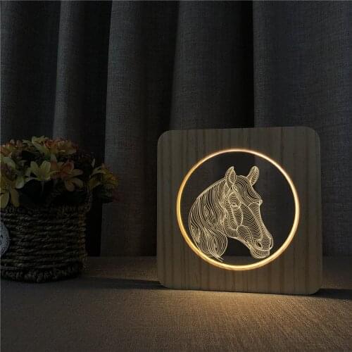 Horsehead Animal 3D LED Arylic Wooden Night Lamp Table Light Switch Control Carving Lamp for Childrens Room Decorate