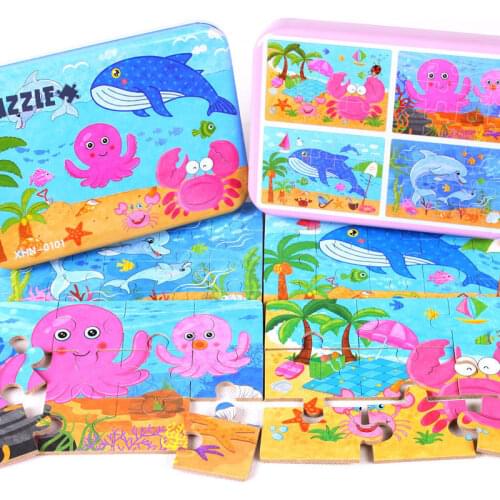 4 in 1 Wooden Puzzle Child Cartoon Wood Jigsaw Puzzles Toy Kids Educational Learning Toys for Christmas Gift