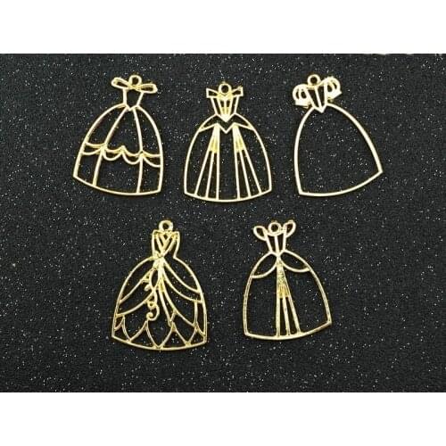 5 pcs/lot 5 styles Skirts shape Metal Frame Pendant Gold Charm Bezel Setting Cabochon Setting UV Resin Charm