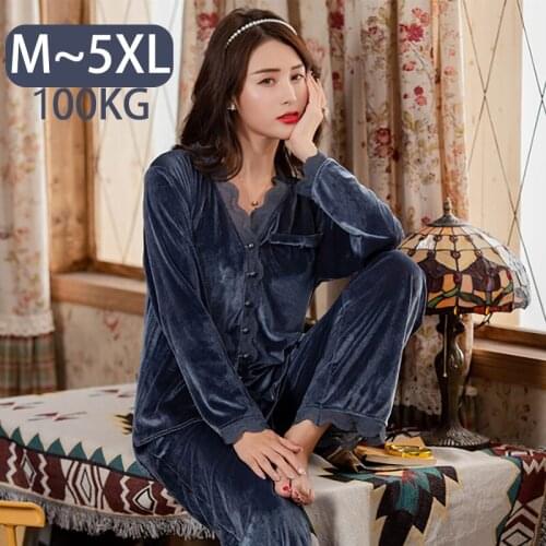 5XL Big Size Lounge Wear 2pcs Winter Women Pajamas Velvet Sexy Lace Warm Home Clothes New 2020 Pyjamas New Year Presents