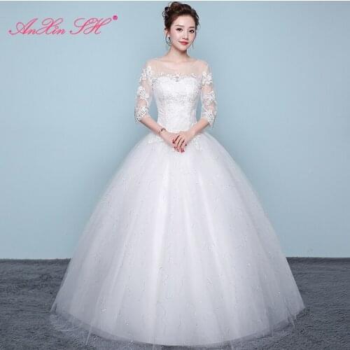 AXJFU white flower lace o neck wedding dress princess vintage turkey half sleeve illusion white party wedding dress