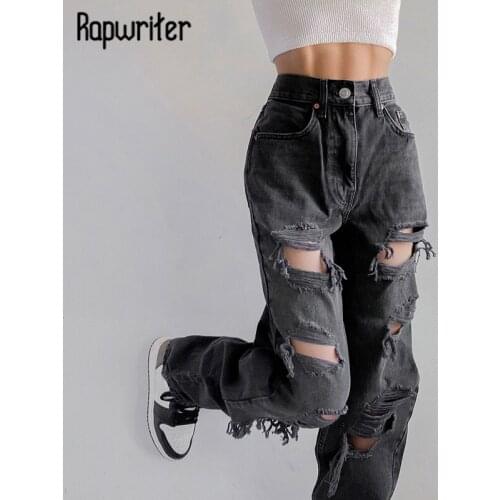 Rapwriter Y2K Black Jeans Distressed Ripped Denim Pants Casual High Waist Cargo Pants Autumn Costume Women Harajuku Streetwear