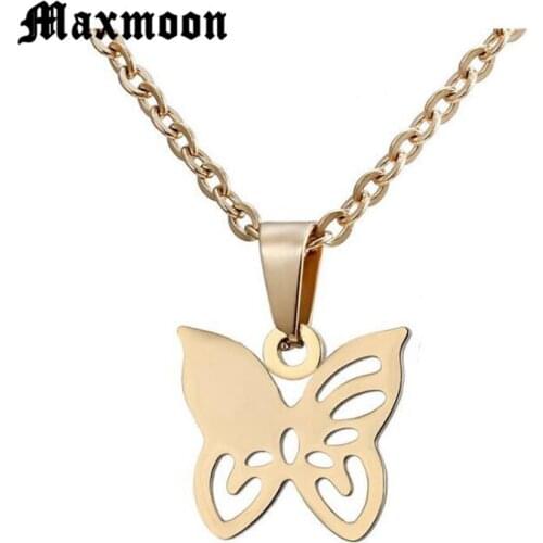Maxmoon 316L Stainless Steel Gold-color Butterfly Pendant Necklace Link Chain Scrub Necklace For Women