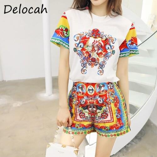 Delocah New 2021 Summer Women Fashion Designer Shorts Set Short Loose Tops + High Waist Vintage Print Short 2 Two Pieces Suits