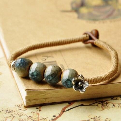 Ethnic Ice Crack Charm Bracelet Ceramic Blue Green Beads Cuff Bangles Women Men Porcelain Jewelry Flower Weave Rope Link Chains