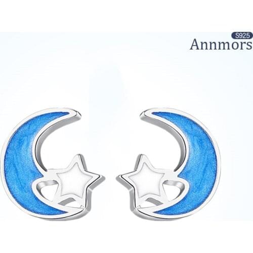 Blue Moon and Stars Stud Earrings Anti-allergy 925 Sterling Silver Luxury Girl Woman Epoxy Jewelry Gift Wedding Earring Piercing