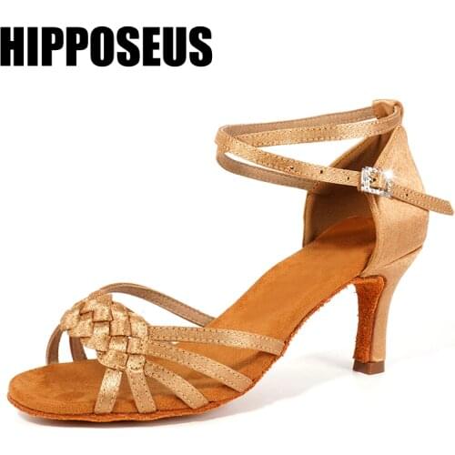 Hipposeus Girls Latin Dance Shoes for Woman Ladies Ballroom Modern Tango Dancing Shoes Rhinestone Buckle Practise dance shoes