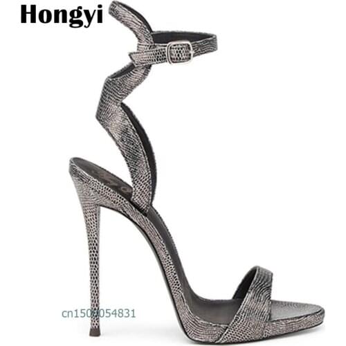 Hongyi Summer Sexy Sandals Women Open Toe Slingback Extreme High Heels Buckle Strap Grey Platform Party Shoes Plus Size 34-43