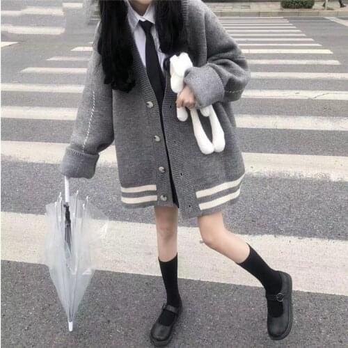 Korea College Style Winter Keep Warm Sweater Sweet Contrast V-Neck Lazy Full Sleeve Single Breasted Cardigans Loose Sweater Coat