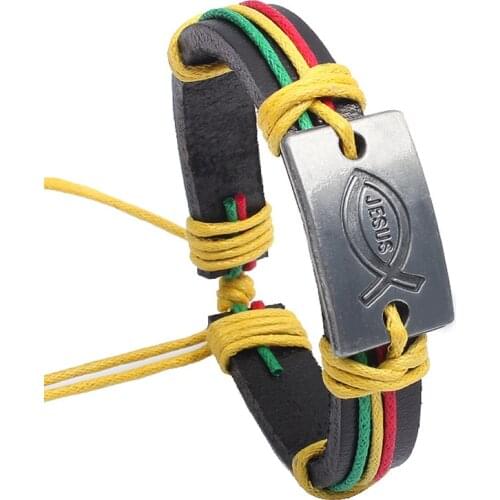 Kirykle made of colored string bracelet Jesus fish religion leather bracelet charm Vintage Christian jewelry man women gift