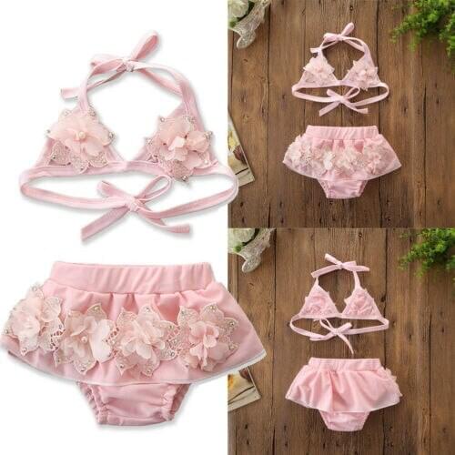 Summer Baby Girls Lace Tulle 3D Floral Bikini Set