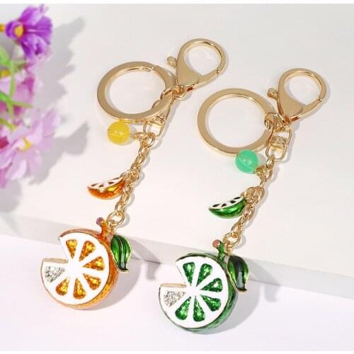 Cute Tassel-fruit-food orange-lemon key rings keychain Rhinestone-Crystal-Enamel-Leaf key chains with ball women bag pendant
