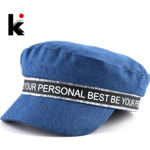 Fashion Denim Military Hat With Letter Belt Spring Berets Women Men Flat Top Boina Female Solid Gorras Autumn Streetwear Caps