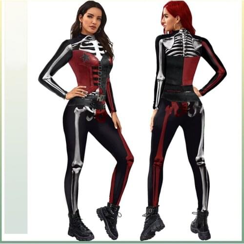 Fashion New Human Skeleton Print Red Jumpsuits Adult Halloween Anime Cosplay Costumes Men Women Party Clothing Slim Bodysuits