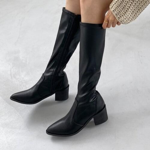 Fashion High Boots Womens Winter Boots Pointed Thick High Heel Long Boots Autumn and Winter Shoes Woman Beige White Size 33-42