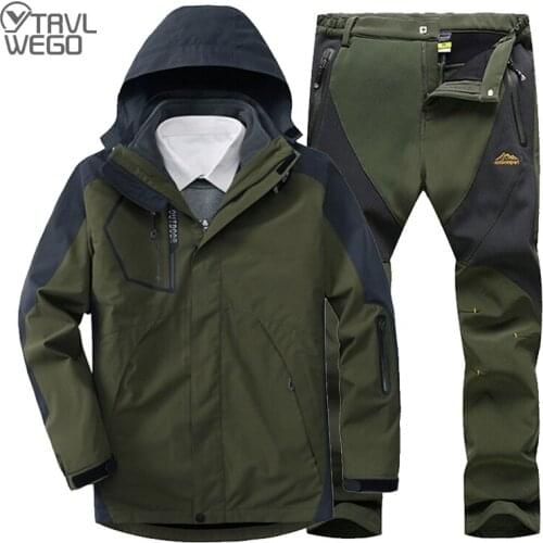 TRVLWEGO Winter Men Ski 2 in 1 Jacket Fleece Pants Thermal Hiking Camping Sports Windbreaker Trekking Outdoor Coat Trousers