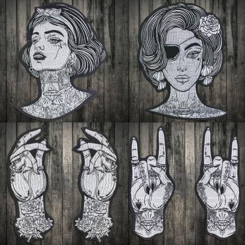 Punk Style Patches Beauty Girl Flower Applique Iron On Stickers Large Finger Embroidery Patches For Biker Clothing Large Patches