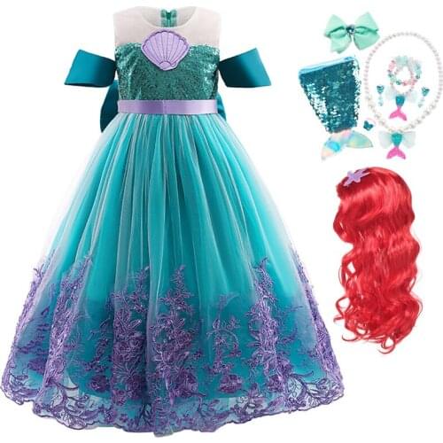Girls Little Mermaid Dress Fancy Sequin Embroidery Bowknot Ball Gown Clothes Kids Halloween Party Ariel Princess Cosplay Costume