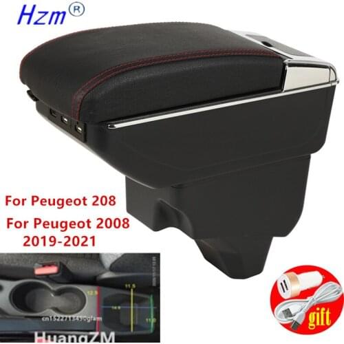 For Peugeot 2008 Armrest For Peugeot 208 Car Armrest box 2019 2020 2021 Retrofit parts Interior Storage box accessories USB LED