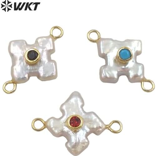 WT-JP252 WKT NEW natural Freshwater pearl cross pendant fashion gold simple cz charm double loops connector as jewelry findings