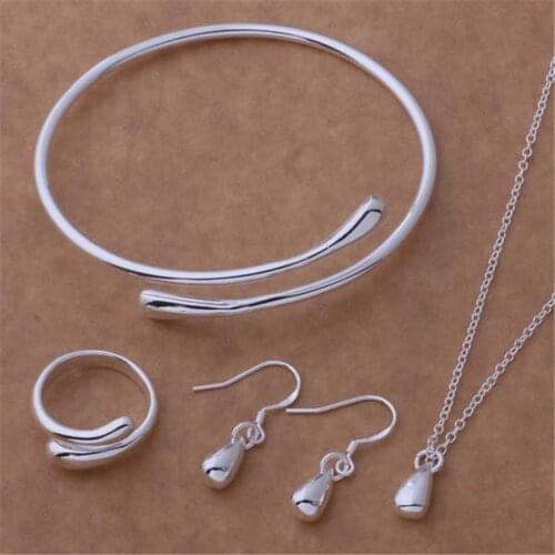 Factory Direct silver color jewelry fashion simple women wedding stamped , bracelet rings earrings necklace jewelry Set