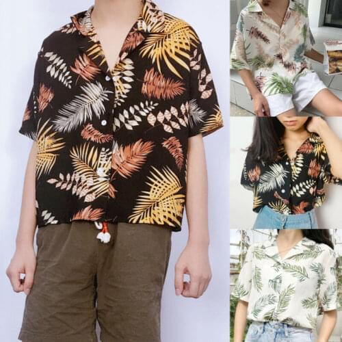 Loose Hawaiian Wind Shirt Women Summer Loose V Neck Printed Hawaii Blouse Short Sleeve Lapel Tops Shirt