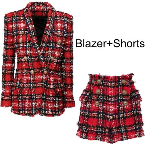 Short Suits Red Plaid Tweed Blazer Shorts Women 2021 Long Sleeve Double Breasted Gold Button Shawl Collar Woolen Blazers Jackets