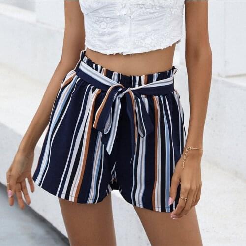 Womens High Waist Mini Shorts Drawstring Lace-up Multicolor Stripe Stitching Shorts For Women 2021 Summer Fashion Ladies Bottom