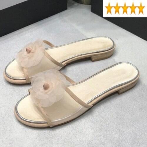 Woman 2021 Toe New Open Flat Shoes Summer Sexy Transparent Mesh Flower Decorations Slippers Fashion Outside Ladies Slides Black