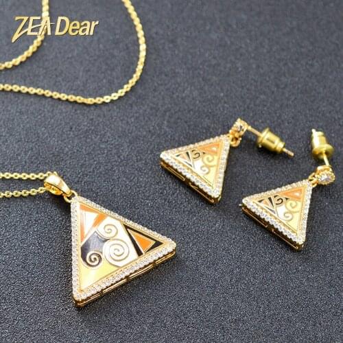 ZEA Dear Jewelry Enamel Colorful Jewelry Sets For Women Earrings Necklace Pendant Cubic Zirconia Triangle Jewelry Sets For Party