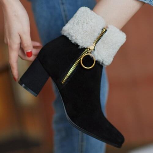 Womens genuine leather thick high heel side zip winter wool inside snow boots square tpe cold weather short booties shoes women