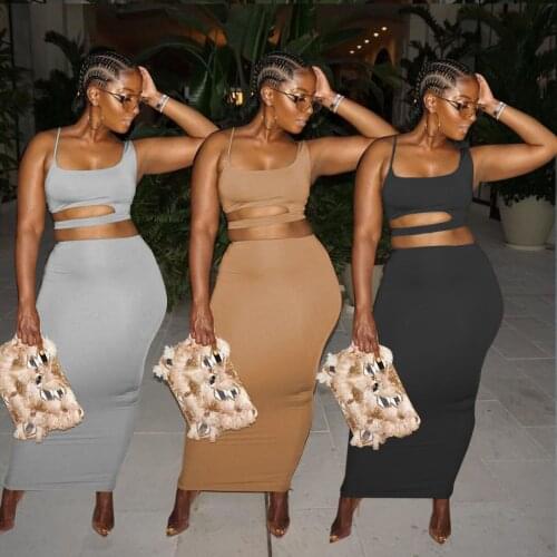 2021 European and American Womens Fashion Solid Color Ripped Irregular Backless Skirt Suit Two Piece Slim Fit