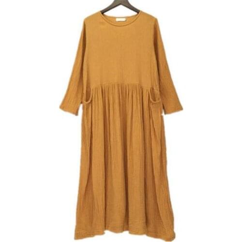 Spring Autumn Vintage Big Size Women Long Sleeve Dresses Cotton Linen Casual Loose Solid Color Dress Vestidos Plus Size S-6XL