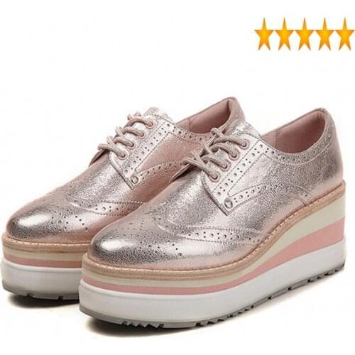 Winter Platform Warm Women Round Toe Pink Height Increasing Casual Shoes British Lace Up Wing Tip Brogue Sapatos Feminino