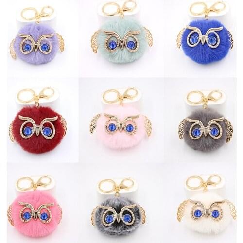 1PCS Cute Fashion Women Handicraft Gold Dust Owl Fur Cony Hair Ball Pom Pom Charm Car Keychain Handbag Key Ring Pendant