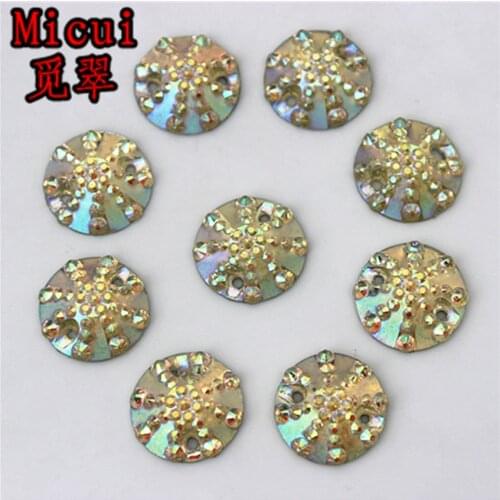 Micui 100pcs 14mm Round Resin Rhinestones Resin Crystal AB Color Flatback Stones Sewing 2 Holes For Dress Garment ZZ246
