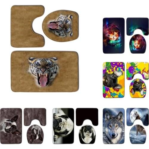 3 Pcs/Set Animal Pattern Tiger / Wolf / Dog Non-Slip Bathroom Mat Set Bathroom Rug U-Shaped Toilet Mat Lid Cover