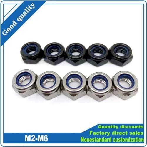50p 304 Stainless Steel Carbon Steel Black Zinc-plated Hex Nylon Insert Lock Nut M2 M2.5 M3 M4 M5 M6 Self-locking Nylock Locknut