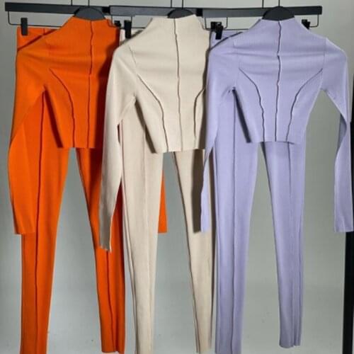 Akaily Autumn White Ribbed 2 Two Piece Sets Tracksuit Womens Outfits Long Sleeve Crop Top Pants Sets Sweat Suits Matching Sets