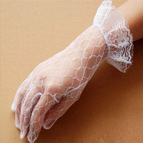 White Bridal Wedding Short Gloves Full Fingered Transparent Rhombic Gauze Ruffle Lace Trim Wrist Length Party Accessorie
