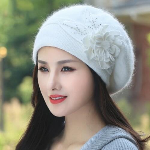 Beret Women Winter Hat Angora Knit Beanie Warm Autumn Flower Double Layers Skiing Outdoor Accessory For Female Headwear
