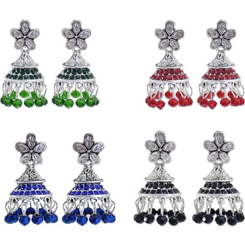 Gypsy Crystal Beads Tassel Indian Jhumka Earrings For Women Ethnic Vintage Alloy Bohemia Flower Bells Drop Afghan Earrings