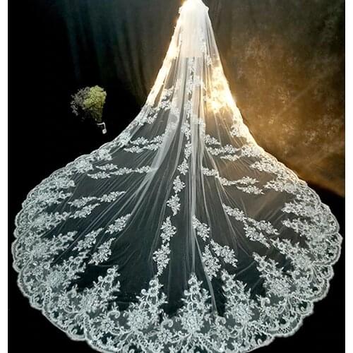 Luxury Long Bridal Veil White Ivory Wedding Veils With Comb Lace Edge Applique Elegant Cathedral Length 1 T