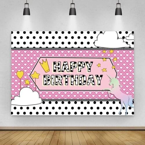 Girl Princess Photography Backdrops Black Dots Happy Birthday Unicorn Cartoon Cake Table Decor Photo Backgrounds