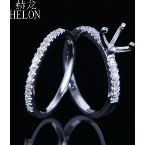 HELON Round 6mm Solid 10k White Gold Pave Natural Diamonds Semi Mount Engagement Ring Diamonds Band Ring Set Fine Jewelry Gift